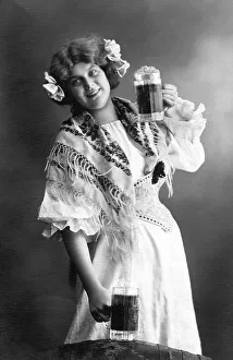 Woman with two beer mugs, 1910s, Germany, Europe