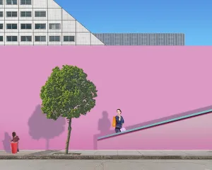 Woman with child going up stairs with her shopping