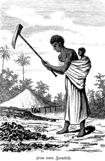 Woman with child, natives, hoe