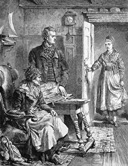 Woman comes in the door and disturbs a couple looking for something in a pile of papers