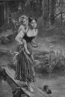 Woman with Cupid clinging to her neck