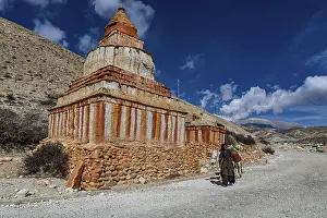 Woman with her horse, colourfully painted Buddhist stupa in front of mountain landscape