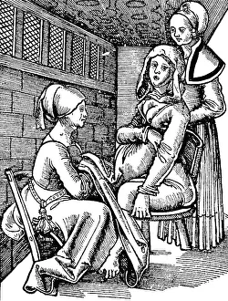Woman in labour, German woodcut, 18th Century