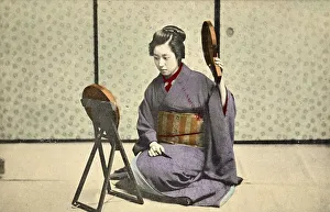Woman with mirrors, at morning toilet, c