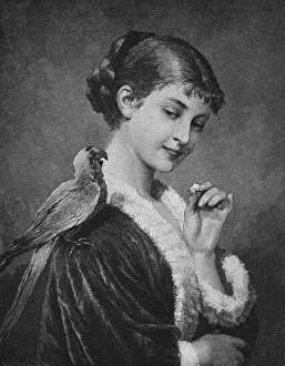 Woman with a parrot, woodcut, historical engraving
