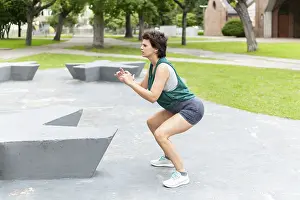 Woman performing a squat exercise in a park