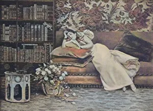 Woman reading in the library, 1880