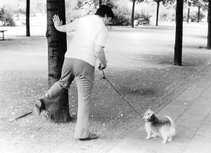 Woman showing a dog how to pee, ca