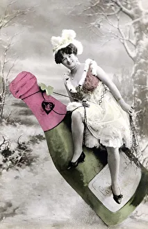 Woman sitting on champagne bottle