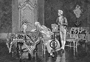 Woman with spinning wheel. Courtly gentleman presented with a flower