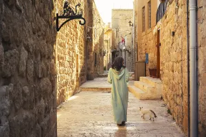 Woman in traditional abaya walking with cat through narrow stone alley in historic city of Mardin Turkey with ancient