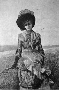 Woman wearing hiking clothes, historical illustration