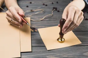 Womans hand sealing envelope with stamp