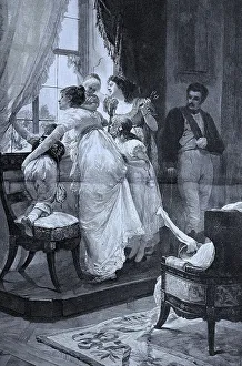 Women and children looking at the street from the window