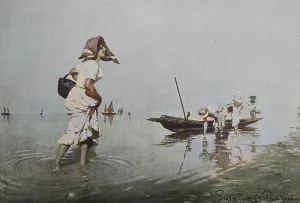 Women looking for shells in the shallows of the lagoon in Venice