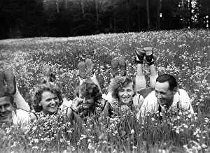 Three women and two men lying in a meadow of flowers