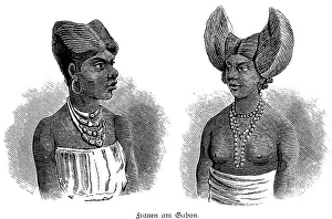 Two women, natives, traditional hairstyle