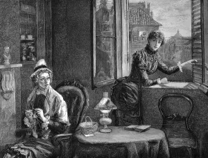 Women in the sewing room, historical illustration