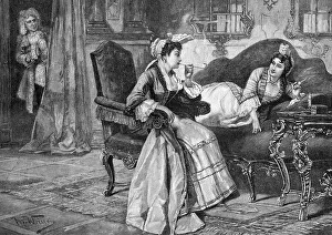 Women smoking secretly, historic wood engraving