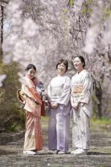 Framed Print : Three women in traditional Japanese clothing stand in front of cherry blossom trees