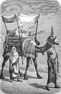 Women travelling on a camel through the desert