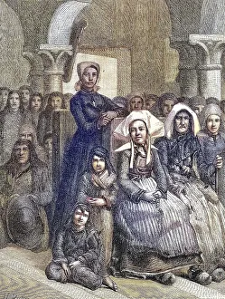 Women in typical traditional costume in church at a service