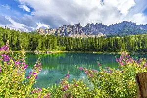 Category Mountain Landscapes Prints: Wonderful aerial view of lake carezza reflecting latemar mountain range in the dolomites on a sunny summer day