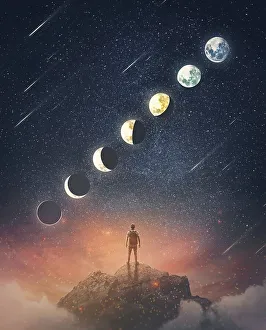 Wonderful scene with a person on the top of a mountain watching the moon phases on the starry night sky