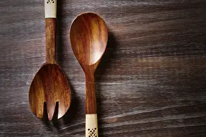 Wood spoon and fork on wooden board kitchen tools