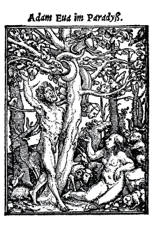 Woodcut, Adam and Eve in Paradise