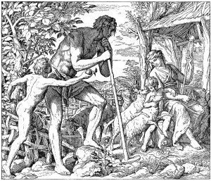 Woodcut, Adam and Eve during work on earth by the sweat of their brows