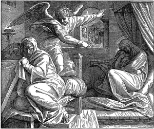 Woodcut, the angel's warning