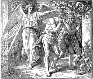 Woodcut, cherub with a flaming sword