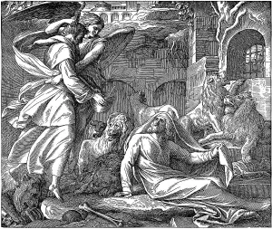 Woodcut, Daniel in the lions den