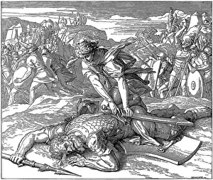 Woodcut, David's fight with the giant Goliath