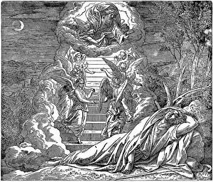 Woodcut, the dream of Jacob's ladder