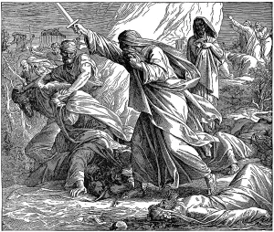 Woodcut, Elias kills the prophets of Baal