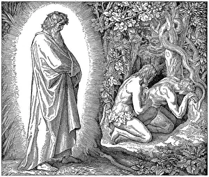 Woodcut, God, Adam and Eve, snake