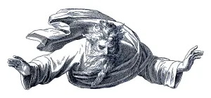 Woodcut, God levitates above everything