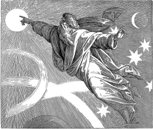 Woodcut, God, Sun, Moon, The Fourth Day of Creation