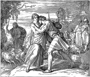 Woodcut, Jacob and Rachel at the fountain