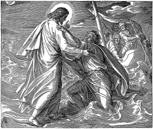 Woodcut, Jesus holds the sinking Peter