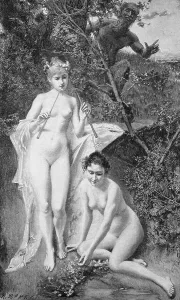 Woodcut Pan and the Nymphs