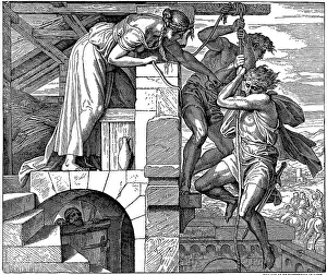 Woodcut, Rahab rescues two Israeli scouts