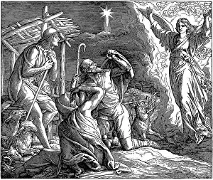 Woodcut, the shepherds in the field