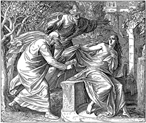 Woodcut, Susanna and the two eldest