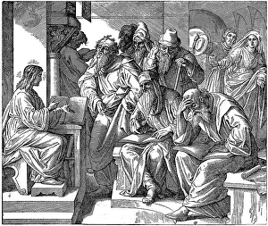 Woodcut, twelve-year-old Jesus at temple