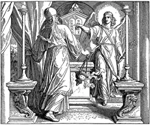Woodcut, Zechariah in the temple
