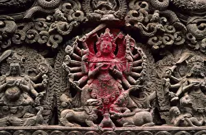 Wooden carving decorating a house in Kathmandu Nepal