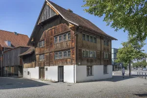 Wooden house with pointed gable